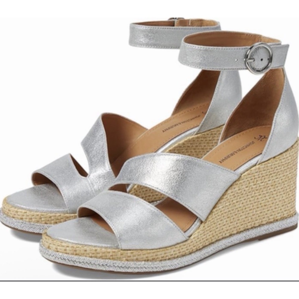 Johnston & Murphy 8 M Marcia Leather Espadrille Wedge Sandals Silver Metallic